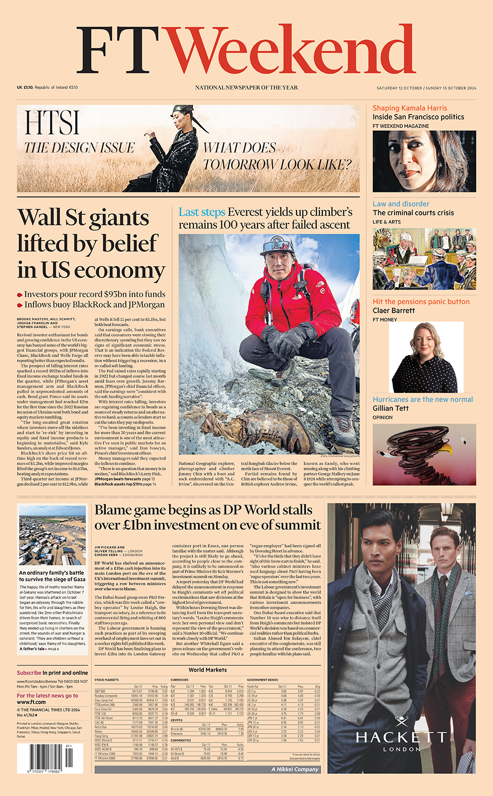 The FT Weekend front page with headline: "Wall St giants lifted by belief in US economy".