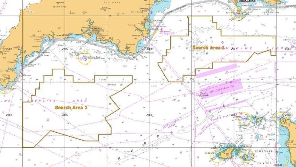 Map showing Dorset and Devon coastline with two areas marked out in the sea in jagged lines.