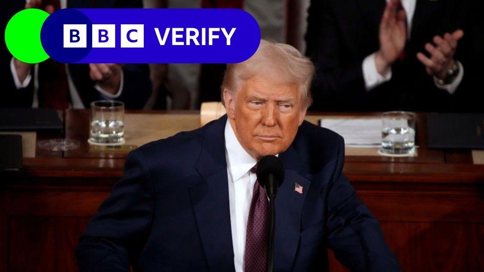 President Donald Trump standing in front of Congress with a BBC Verify lozenge in top left corner