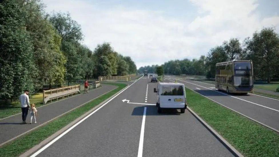 A computer mock-up of the a40 development. It features a dual carriageway with bus lanes on either side, large pedestrian paths and a grass central reservation.