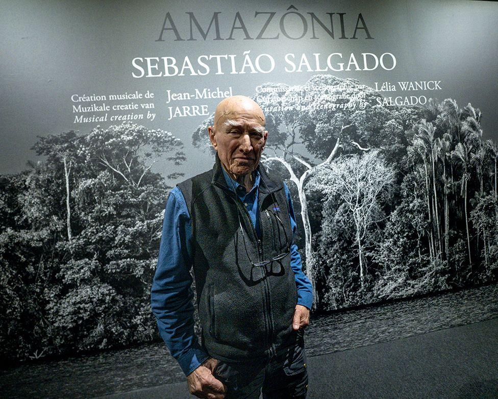 Sebastiao Salgado photographerpictured during the press tour of the Amazônia exhibition on April 03, 2025 in Brussels, Belgium, 03/04/2025