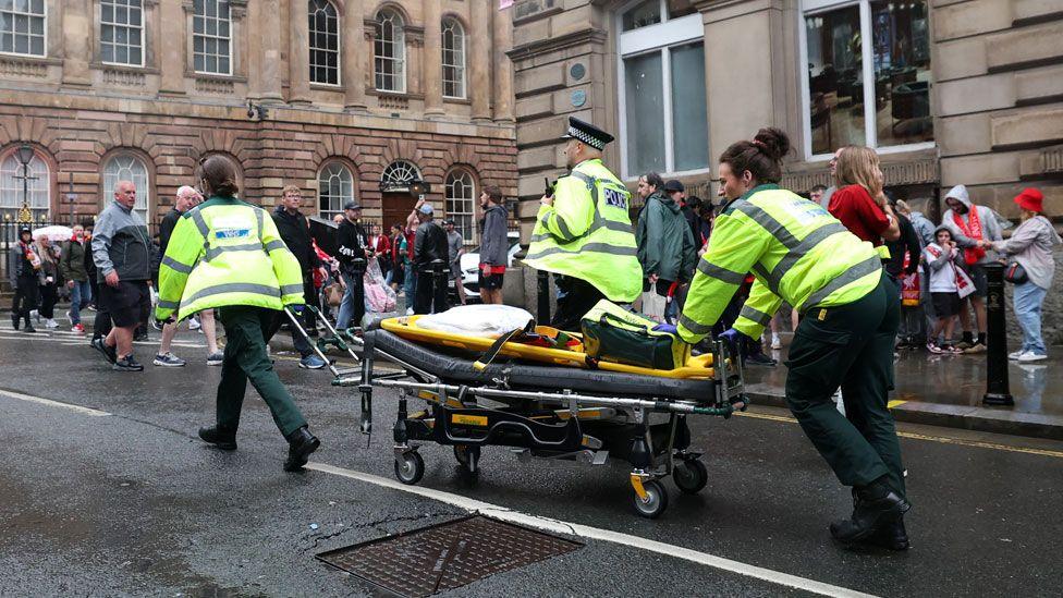  A large emergency service presence is pictured on Water Street after a car reportedly drives into the crowd during the Liverpool Trophy Parade on May 26, 2025 in Liverpool, England.