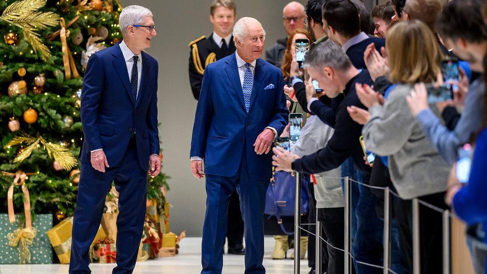 The King and Tim Cook walk along an aisle lined with members of the public, with a Christmas tree in the background