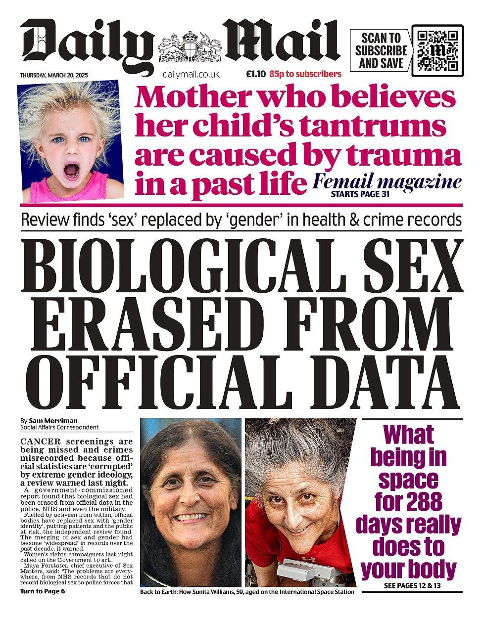 Front page of the Daily Mail for Thursday 20 March 2025.