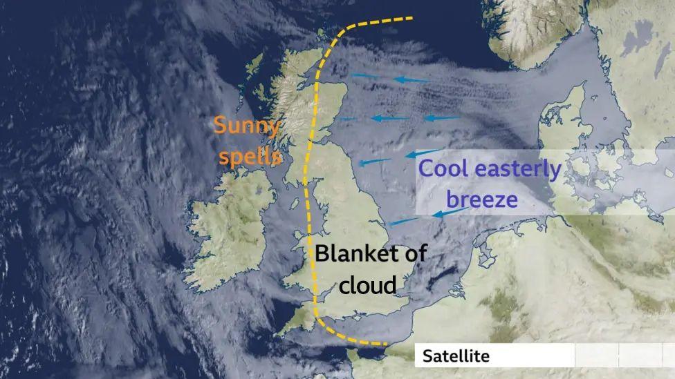 Map of UK with satellite image of white cloud covering most of the British Isles, but some clearer skies are visible in the west.
