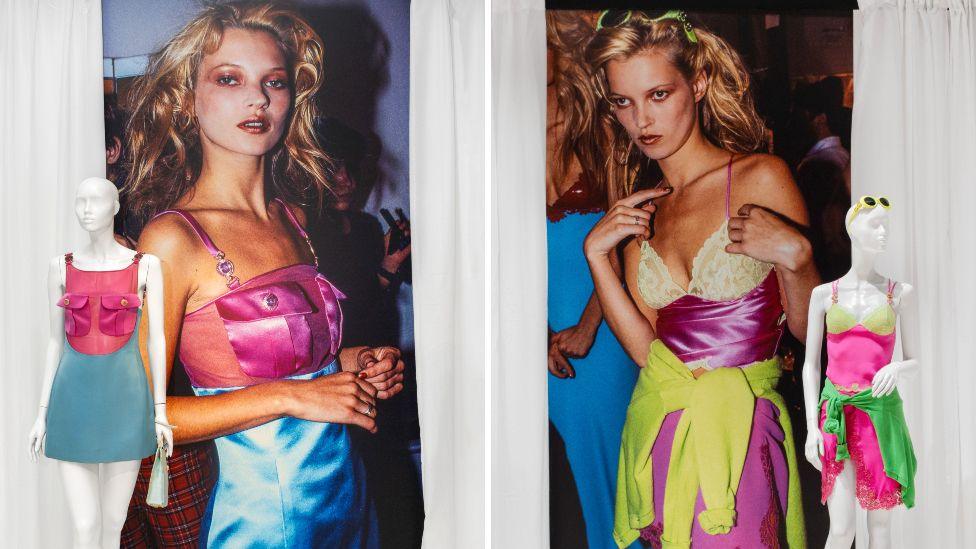 Versace outfits worn by Kate Moss seen in the exhibition, pictured next to images of the model wearing them
