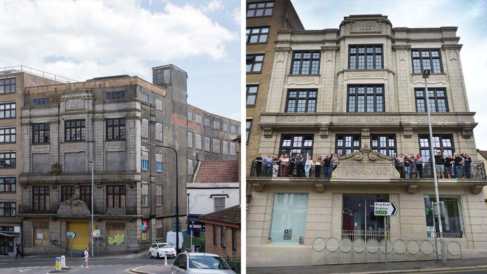 A composite picture showing the derelict Observer Building on the left and the now partially restored property on the right. 