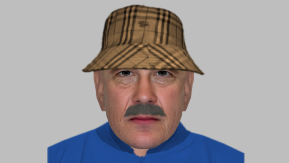 E-fit of an older man who is wearing a blue top, a brown, tartan bucket hat and has a grey moustache