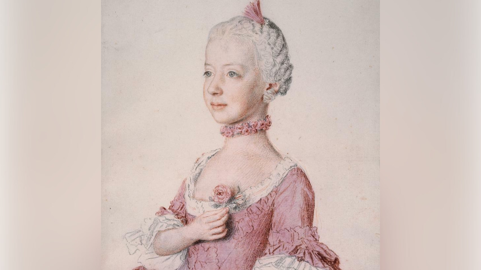 The drawing now thought to depict Marie, which shows her wearing distinctive earrings and holding a rose.