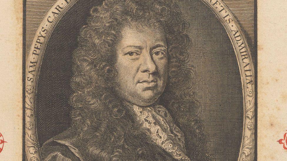 Image showing the head and shoulders of Samuel Pepys. He is wearing a long, curly wig and a scarf and jacket.