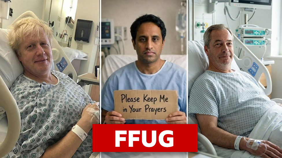 Lluniau ffug o Boris Johnson, Zia Yusuf a Nigel Farage