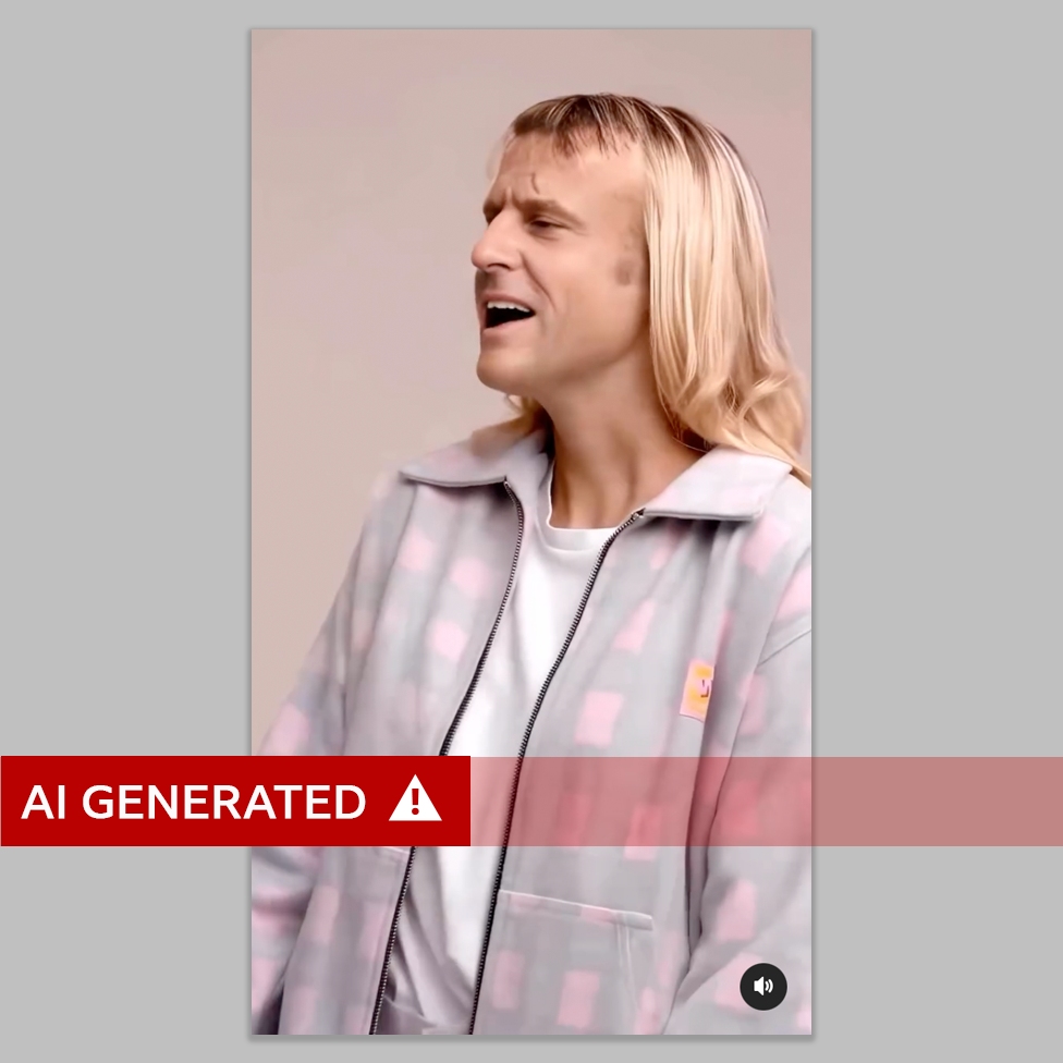 Deepfake image of a woman with blonde hair in a light pink jacket singing, where her face has been replaced with Emmanuel Macron