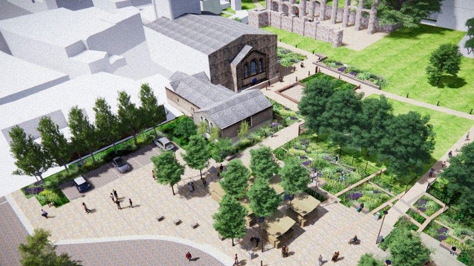 Plans of St Botolph's Square in Colchester with footpaths and lots of green spaces and trees.