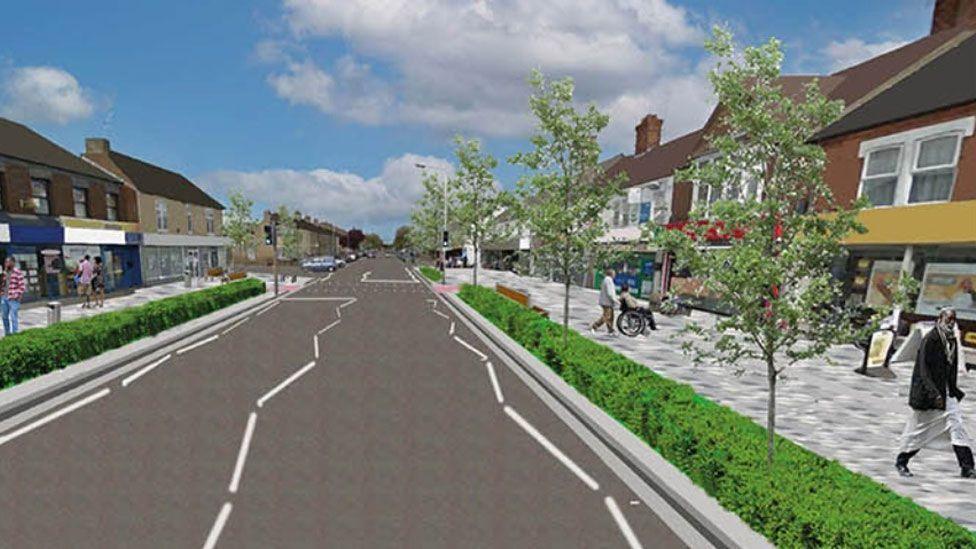 An artist's impression of Lincoln Road, Peterborough, showing how it might look if a regeneration scheme goes ahead. It shows wide grey pavements on either side with people walking along them. A hedge and small trees border the road in the middle, which has zig-zagging white lines on the edges and in the middle of the road. 