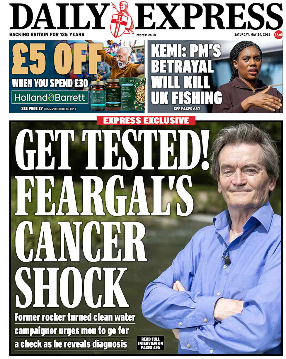 Daily Express front page. There's a picture of Sharkey and the headline: "Get Tested! Feargal's Cancer Shock".