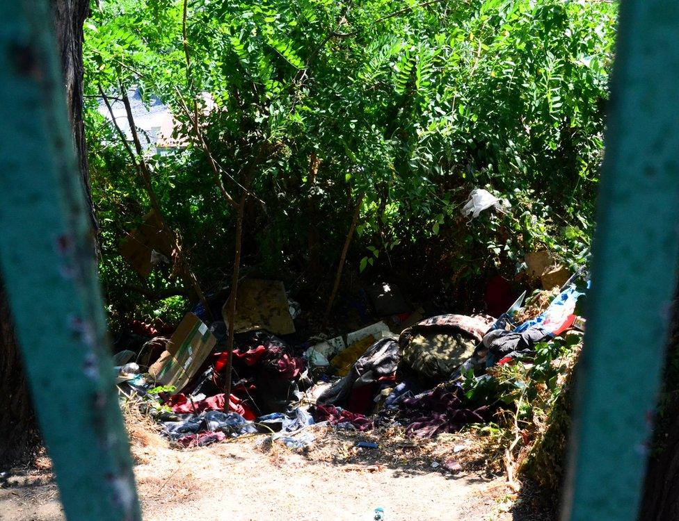 Belongings under a bridge in Portland