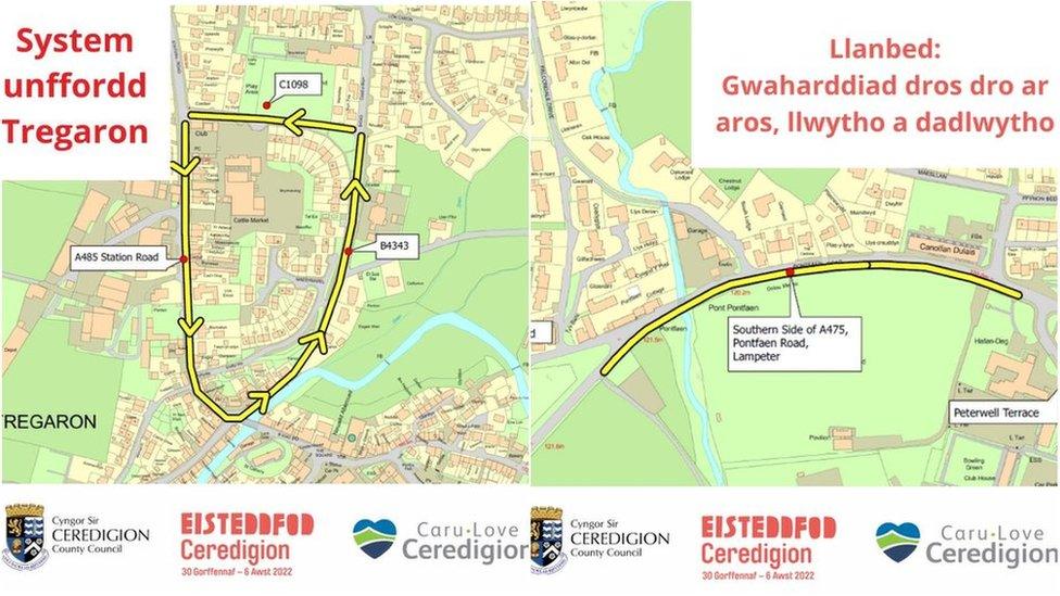 Mapiau yn dangos system unffordd Tregaron a Stryd Coleg Llanbedr Pont Steffan ynghau