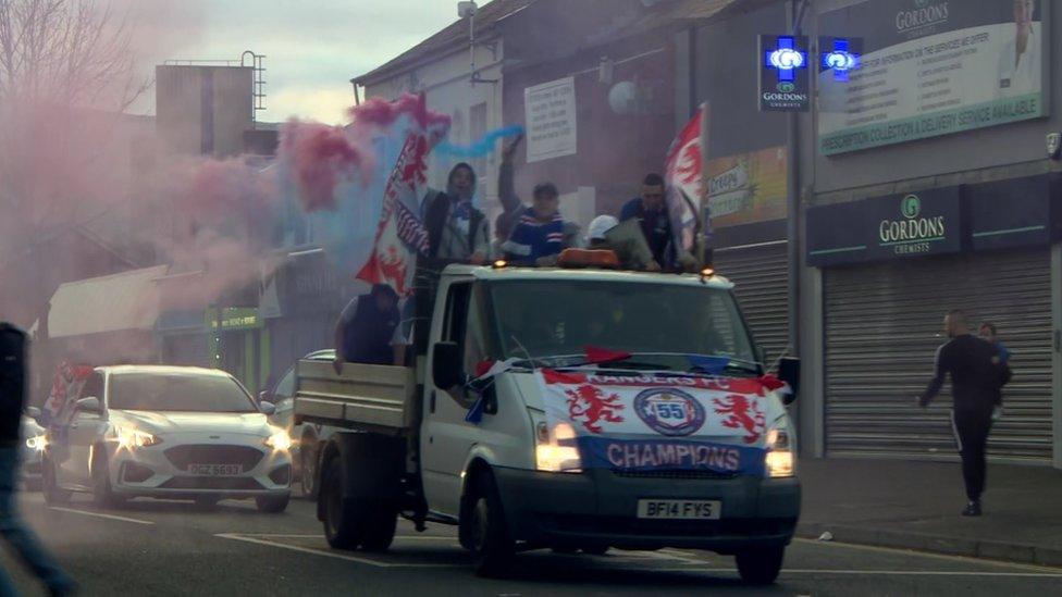 Rangers fans in Belfast celebrating title win