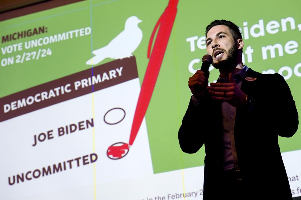 Abdullah Hammoud, mayor of Dearborn, speaks during an election night gathering hosted by Listen to Michigan, a group urging residents to vote uncommitted in the Democratic presidential primary, in Dearborn, Michigan, US, on 27 February 2024