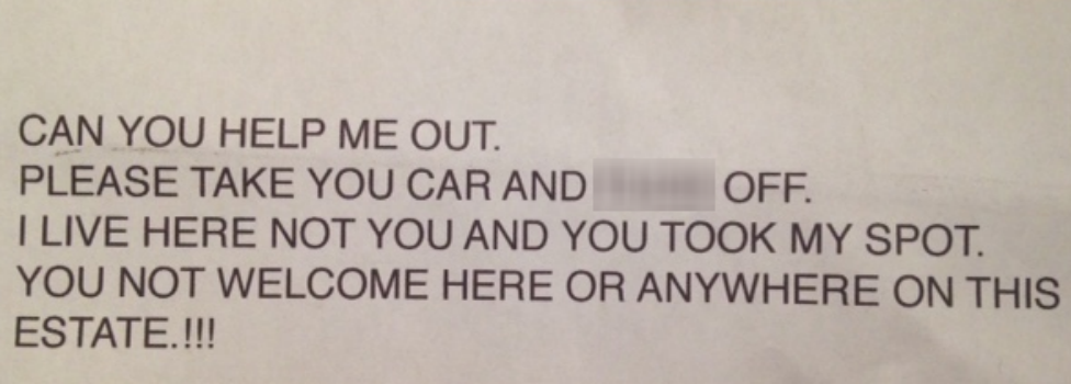 Abusive note left on a car