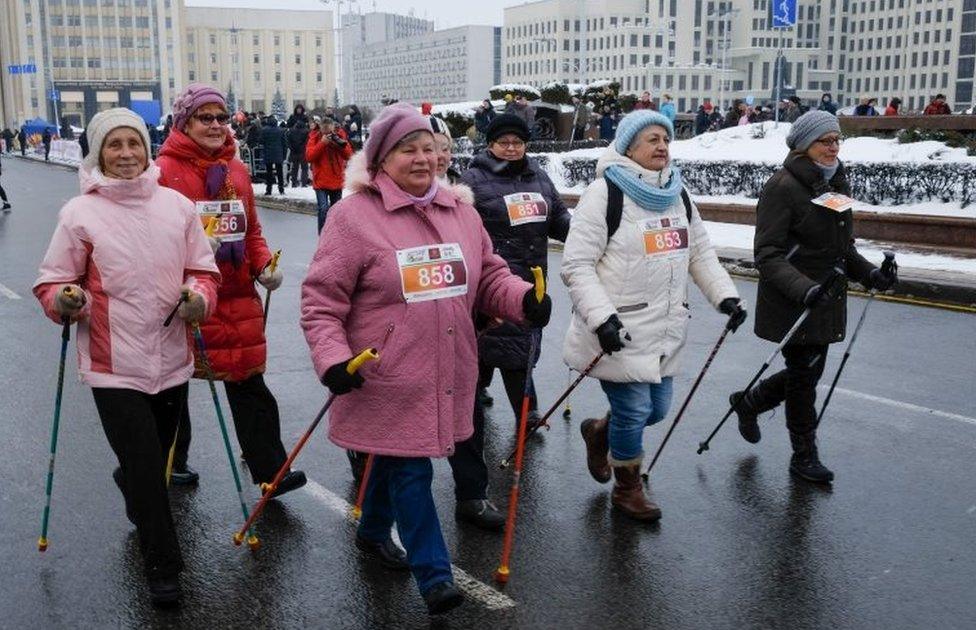 Women take part in a "Beauty Run" in Minsk, Belarus