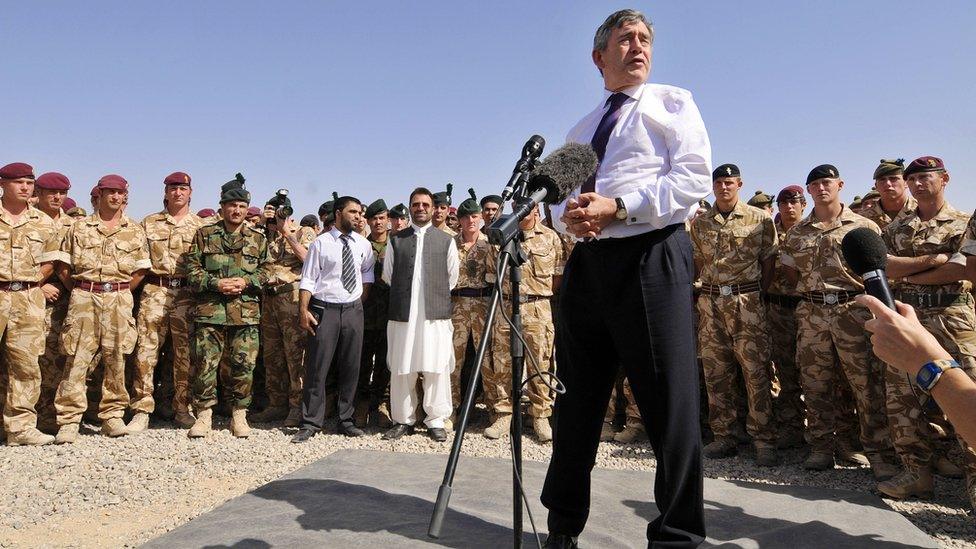 British Prime Minister Gordon Brown addresses British soldiers of the Nato-led International Security Assistance Force (ISAF) at Camp Bastion in Helmand Province, 21 August 2008