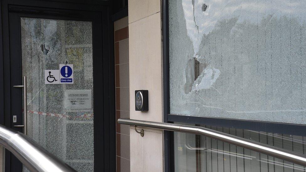 Smashed glass doors and windows at Newtownards courthouse