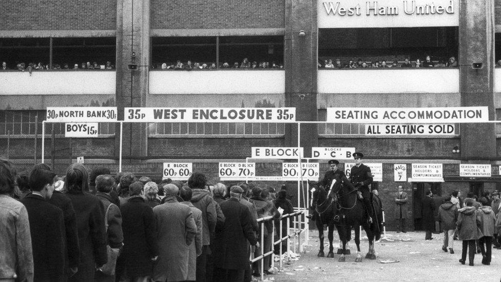 Fans queue to get tickets outside Upton Park, on 11 January 1972