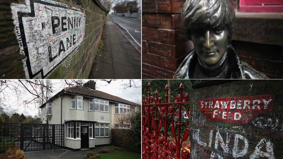 Penny Lane sign, John Lennon statue, National Trust house and Strawberry Field