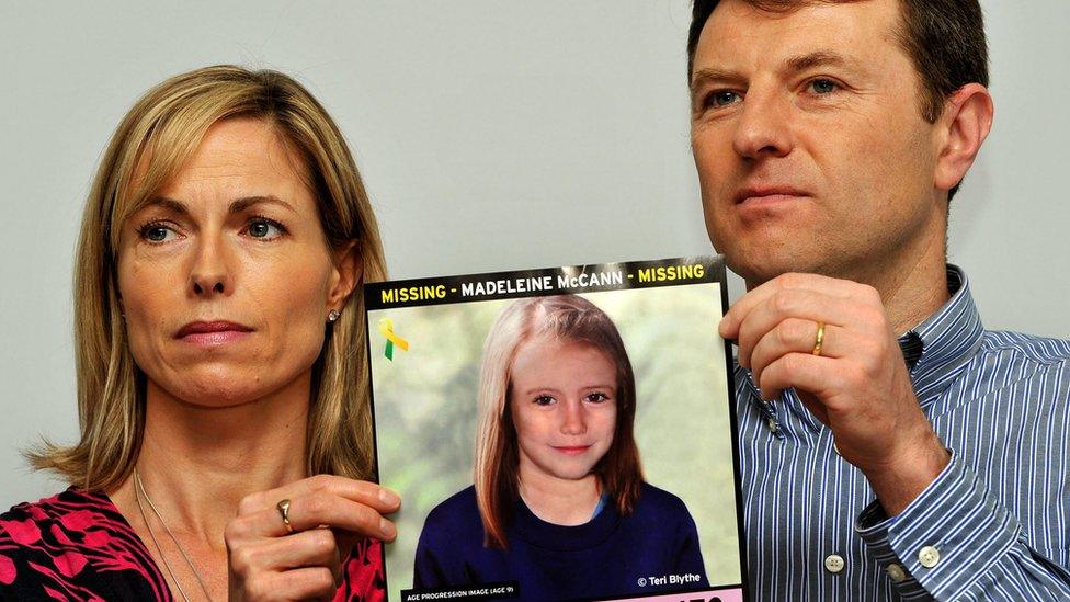 Kate and Gerry McCann pose with a computer generated image of how their missing daughter Madeleine might look now, during a news conference on May 2nd 2012