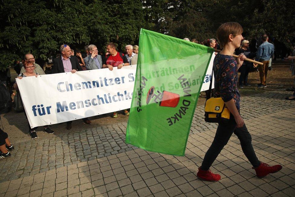 An anti-Nazi demonstrator in Chemnitz, 27 August