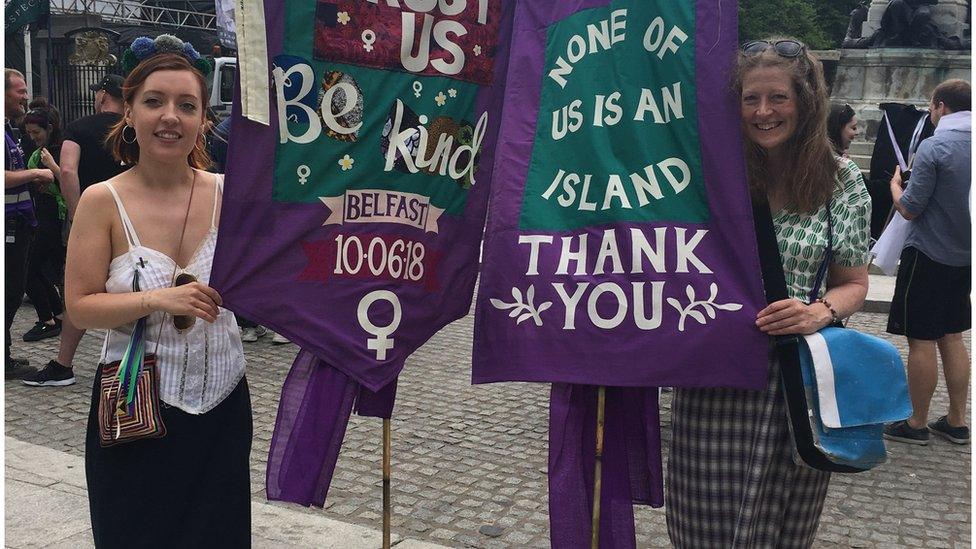 Girls with banners