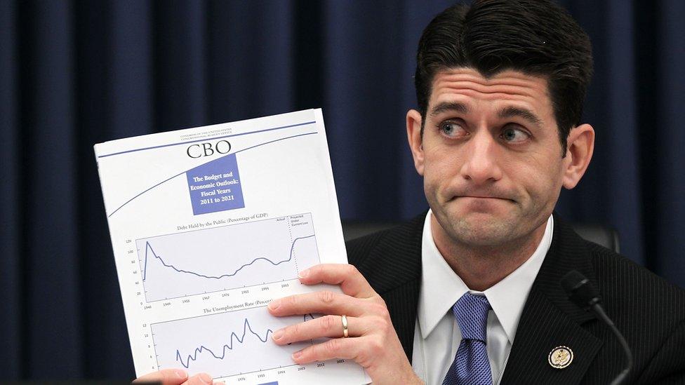 Paul Ryan holds up a Congressional Budget Office's 'The Budget and Economic Outlook: Fiscal Years 2011 to 2021' during a hearing before the House Budget Committee February 10, 2011 on Capitol Hill in Washington, DC