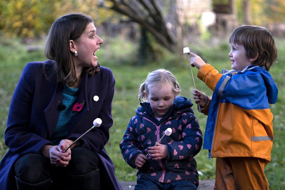 Liberal Democrat Leader Jo Swinson with children during a campaign visit to Free Rangers Forest School Nursery in North Somerset