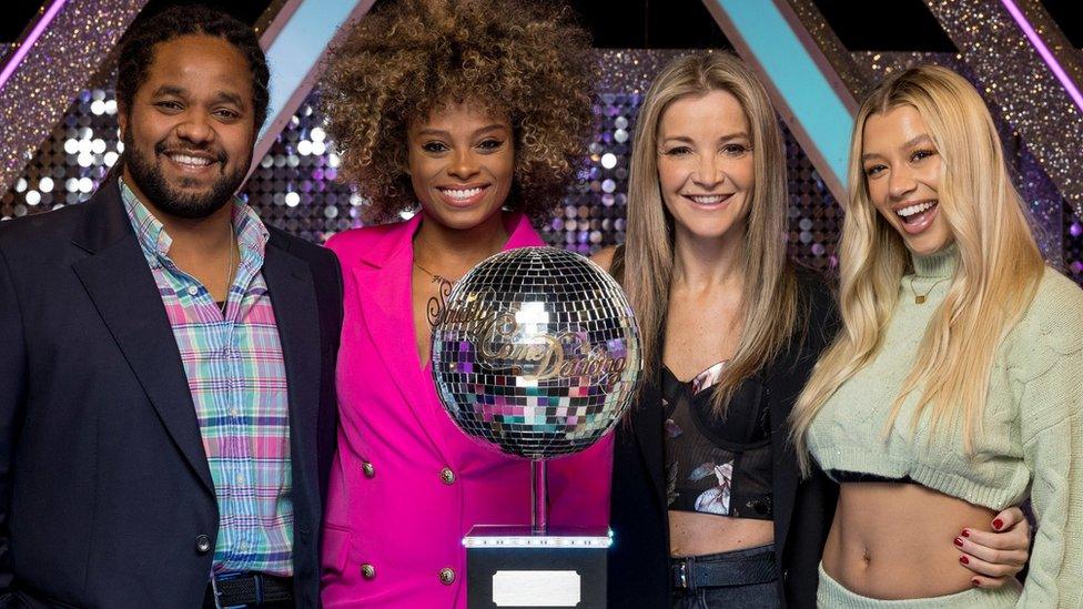 Hamza Yassin, Fleur East, Helen Skelton and Molly Rainford with the Strictly glitterball trophy