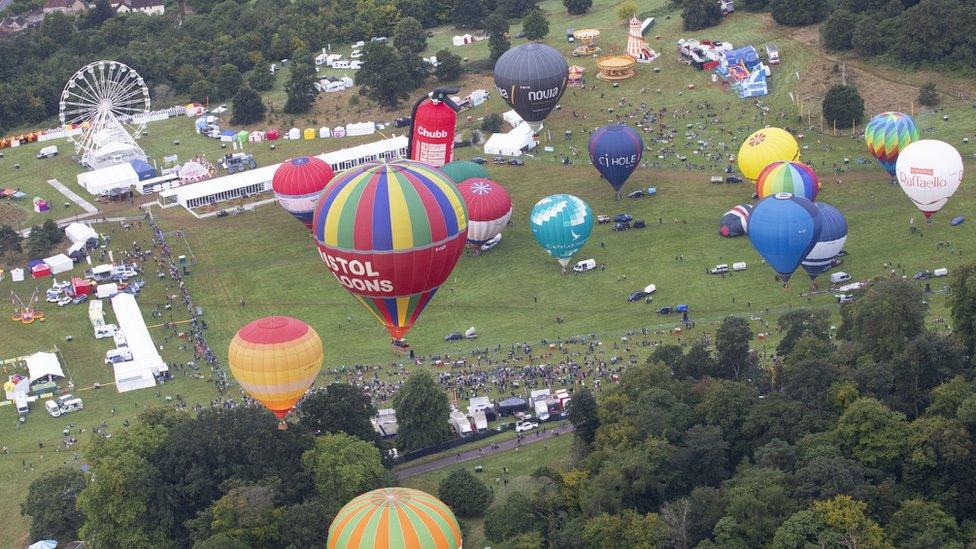 An aerial shot of Thursday morning's mass ascent at this year's Bristol International Balloon Fiesta