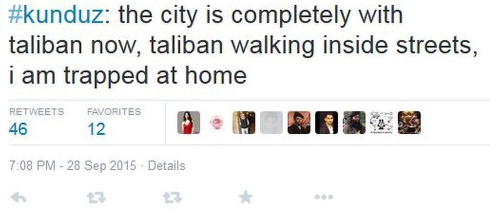 Tweet by Kunduz resident on how Kunduz has been completely taken by the Taliban