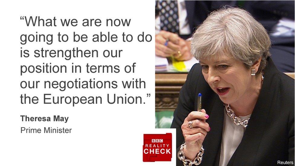 Theresa May saying: What we are now going to be able to do is strengthen our position in terms of our negotiations with the European Union.