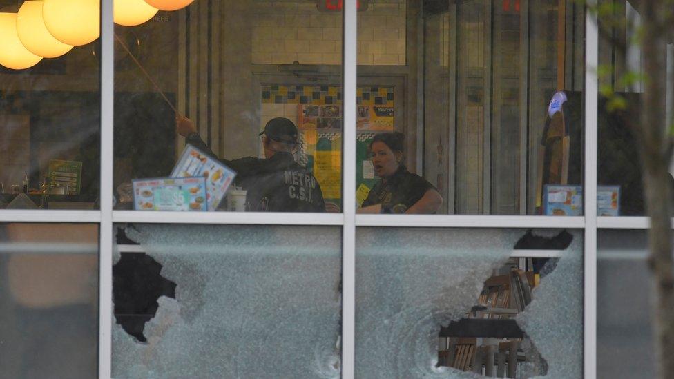 Shattered windows at the Waffle House in Nashville, 22 April