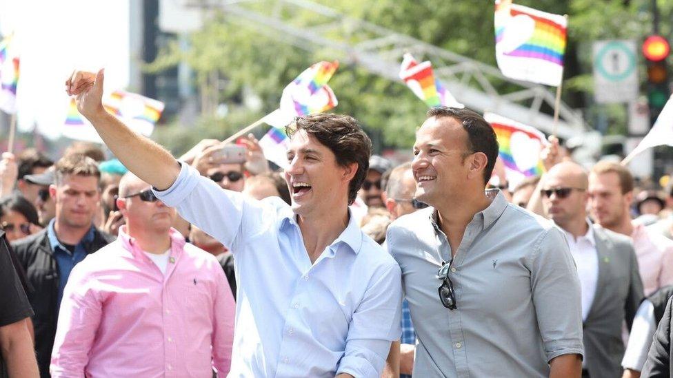 Ireland's Prime Minister Leo Varadkar (r) and Canadian Prime Minister Justin Trudeau taking part in the Pride Parade in Montreal, Canada, on 20 August 2017.