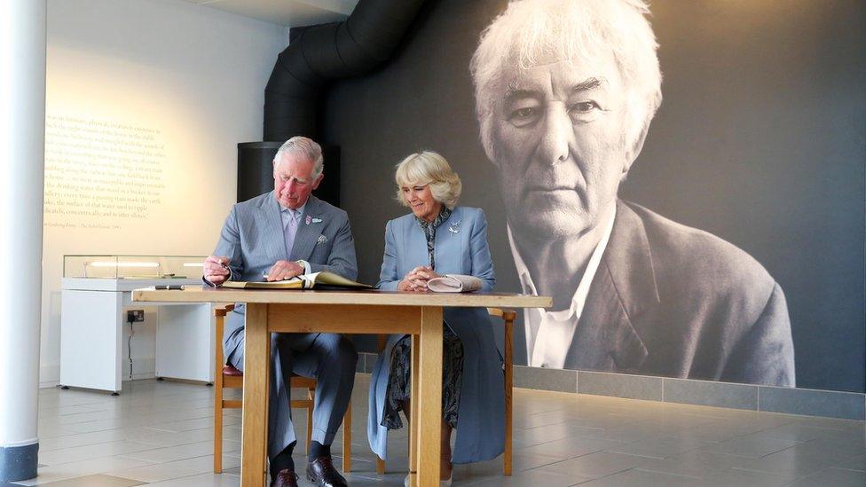 Prince Charles and the Duchess of Cornwall at the Seamus Heaney Homeplace Centre in Bellaghy