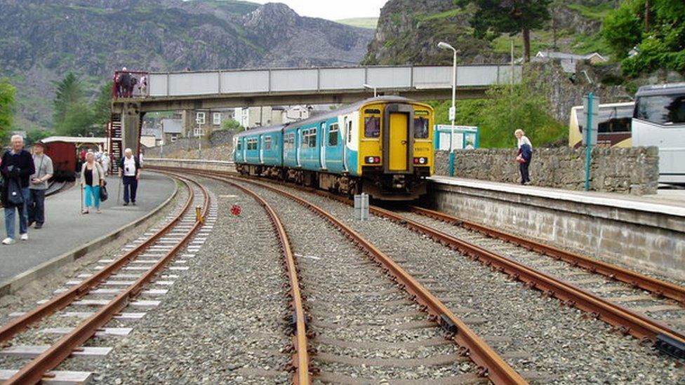 An Arriva Trains Wales train at waiting at Blaenau Ffestiniog Railway Station