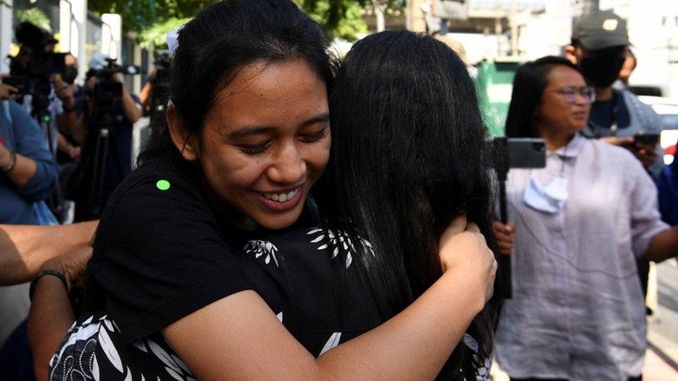 Thai protest leader Patsaravalee "Mind" Tanakitvibulpon reacts after she was freed on bail, in Bangkok Thailand October 22, 2020.