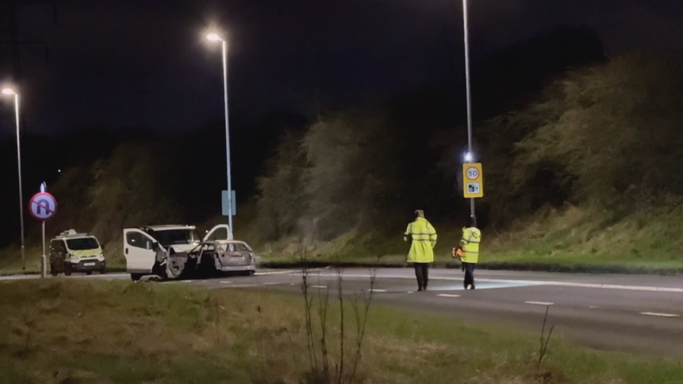 Emergency services at the scene of the two-vehicle collision in Rodley, Leeds