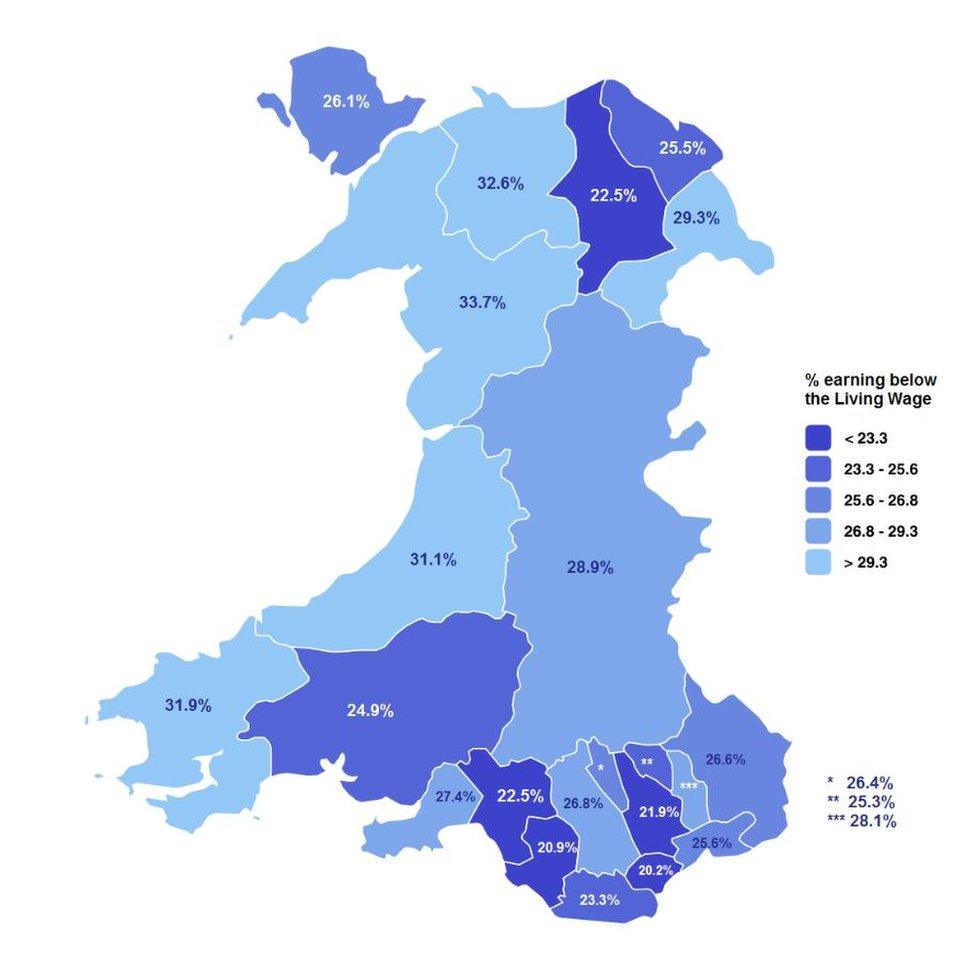 Map of employee jobs paid below the Living Wage in Wales’ local authority areas, 2015