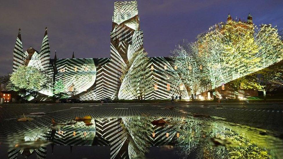 Durham Cathedral lit up during Lumiere 2023