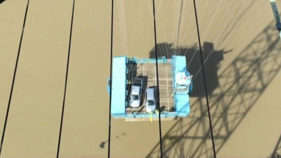 The transporter bridge gondola viewed from the high level walkway