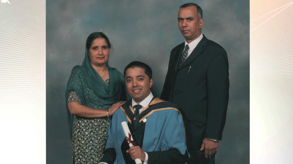 Kal Dhindsa at his graduation with his parents; Gurdev Kaur and Mohinder Singh