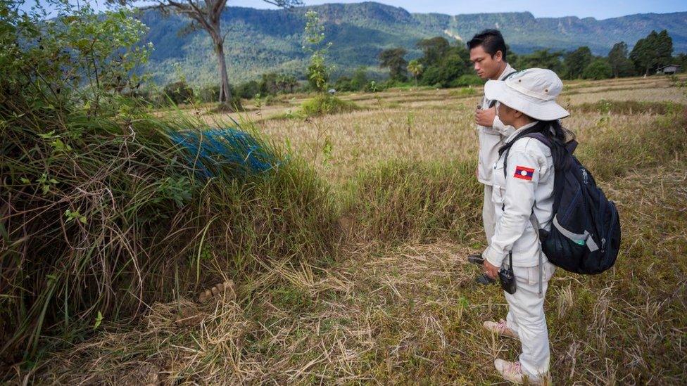 UXO team marking evidence of cluster munitions (December 2014)