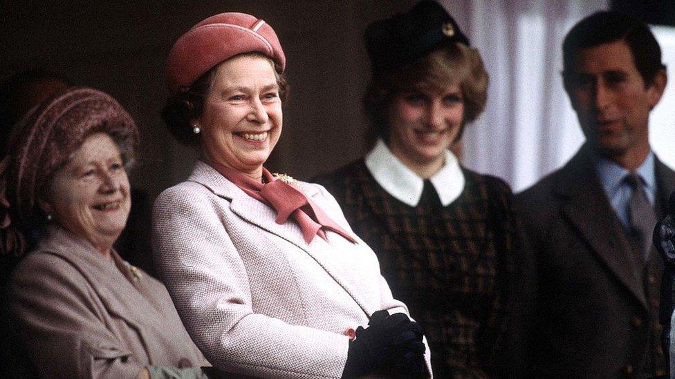 The Queen with the Queen Mother, Princess Diana and Prince Charles at the Braemar Games in 1982